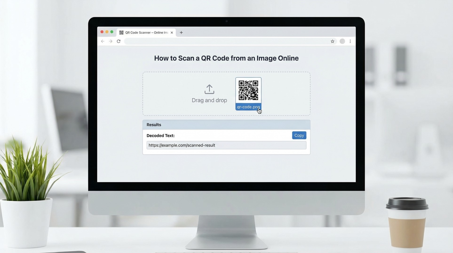 Illustration of scanning a QR code from an uploaded image in an online QR scanner tool